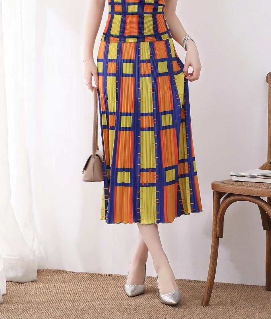 Pleated Skirt Women Printed Large Size Large Swing Mid-Length Versatile Younger Fashion Elegant Skirt