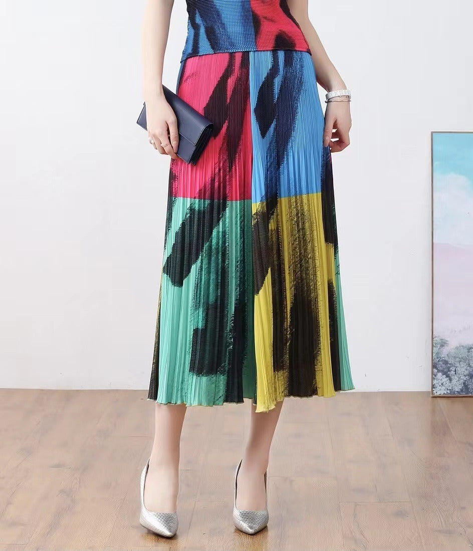 Pleated Skirt Women Printed Large Size Large Swing Mid-Length Versatile Younger Fashion Elegant Skirt