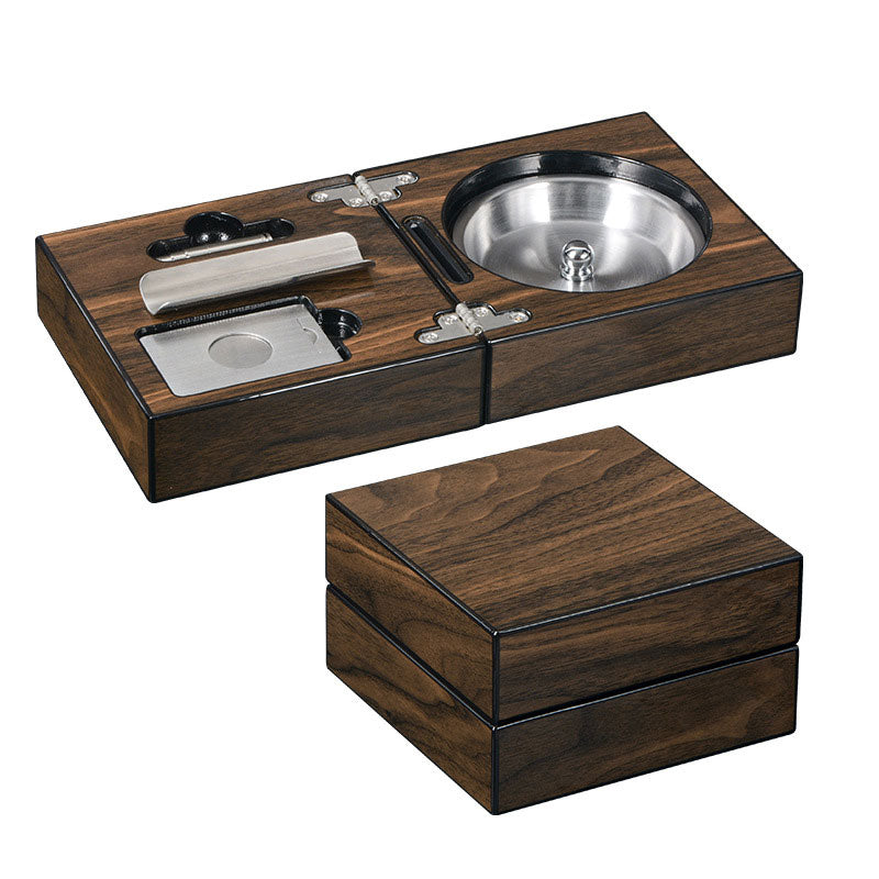 Multifunctional Cigar Ashtray Foldable Walnut Wood Box Include Cigar Cutter Holder And Hole Opener Smoking Accessories