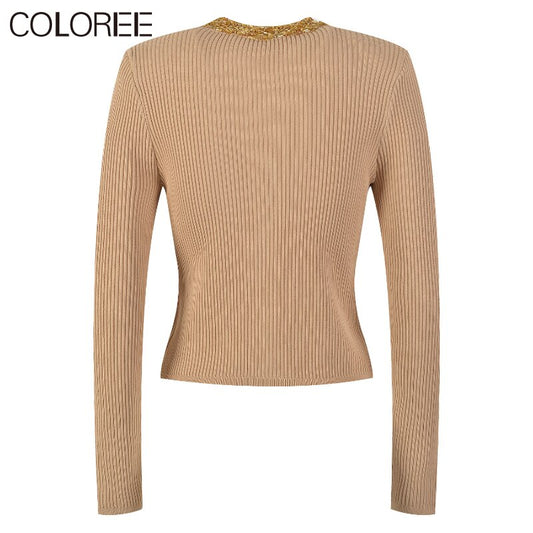 Spring Autumn Long Sleeve Top 2023 Luxury Sequin Beading O-neck Knitted Sweater Women Elegant Cardigans Khaki White Black