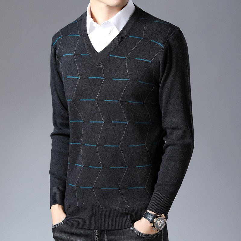 Men's V-neck Jacquard Long Sleeve Pullover Base Thick Sweater