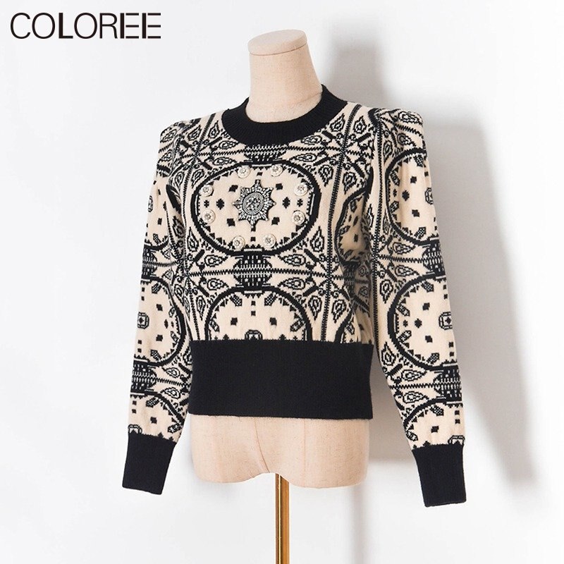 Vintage Jacquard Beading Sweaters for Women Fashion 2022 Autumn Winter Clothes Runway Designer Pull Femme Suéter De Navidad