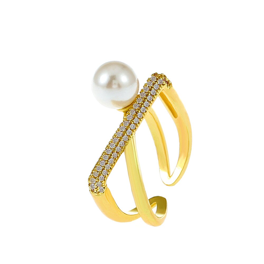 French Elegant Baroque Pearl Ring Ins 18k Gold Plated Bling CZ Cross Twist Rings for Women