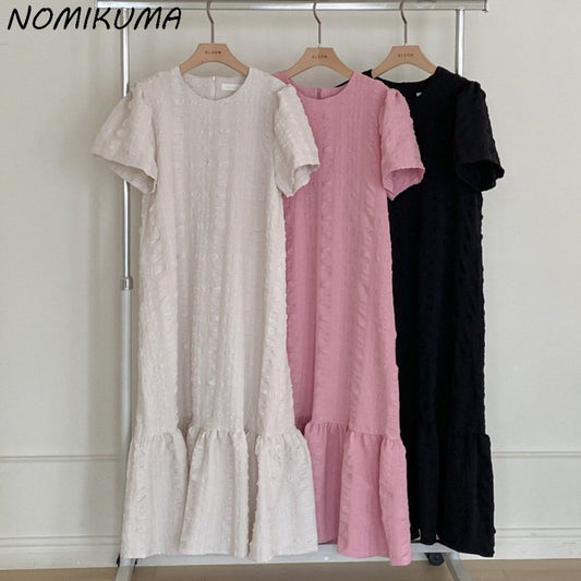 Nomikuma  Summer Korean Dresses Vintage Women Sweet Puff Sleeve O-neck Dress Causal Ruffle Patchwork A-line Vestidos Mujer