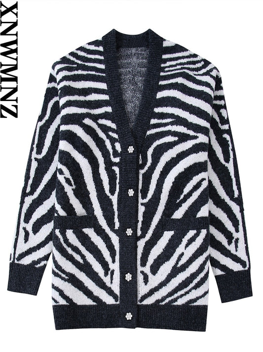 Women Fashion Zebra Print Knitted Sweater Jacket Vintage V-neck Loose Long Sleeve Cardigans Female Chic Coat