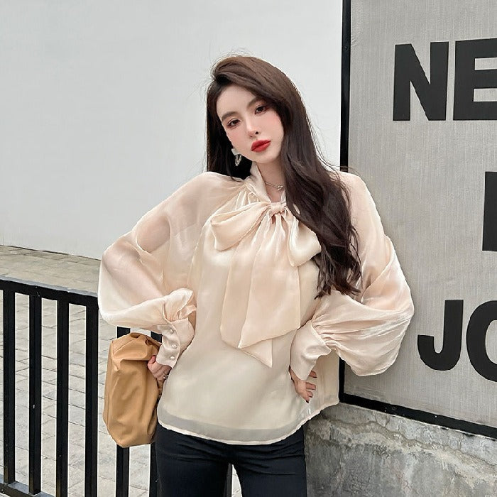 Pearlescent Chiffon Shirt Design Sense Mesh Ribbon Shirt