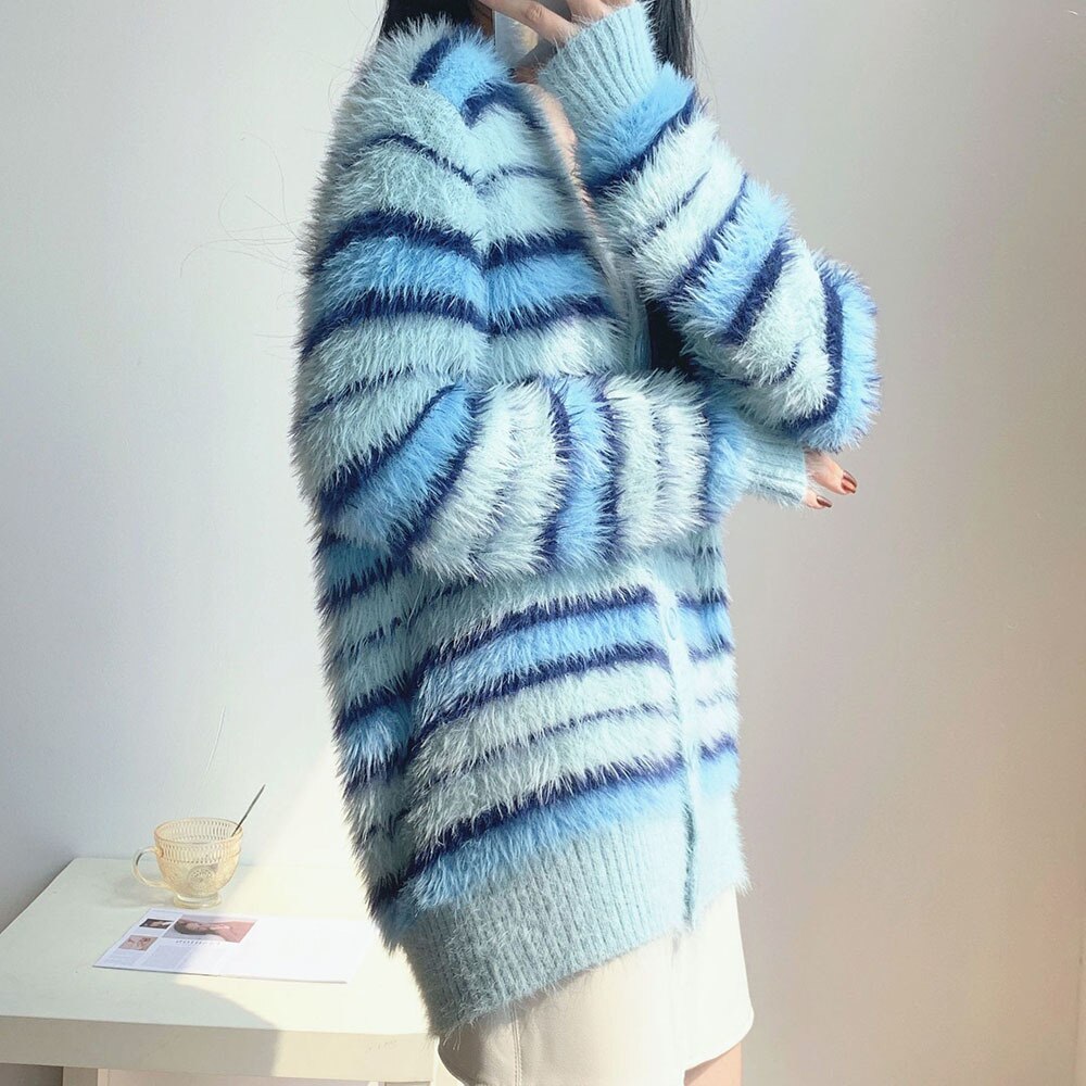 Mohair Sweater Jacket Women's Plush Casual Knitwears Womans Autumn Winter Fashion Stripe Long Sleeve Knitted Cardigan Coat Women