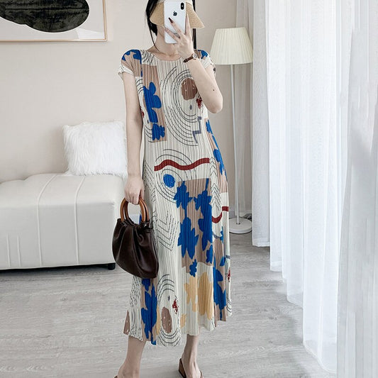 GVUW Fashion Printing Pleated Dress For Women O-neck Short Sleeve Loose  Summer New Female Casual Holiday Clothing 17J1687