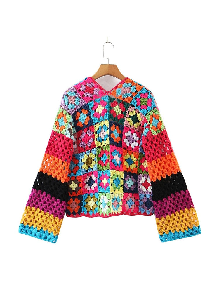 New Fall Women Multicolor Plaid Flower Hand Made Crochet Cardigan Coat Single Button Female Boho Crop Sweater Outerwear