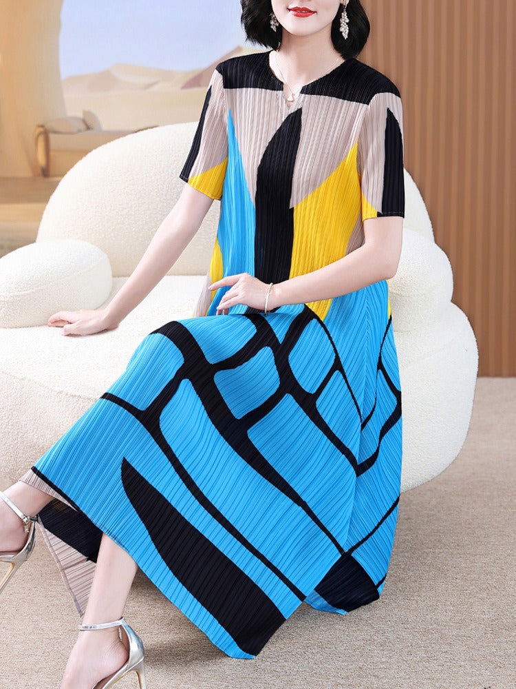 Pleated Dress for Women  Printed Comfortable, Loose and Thin Pleated Mid-Length Elegant Dress Women