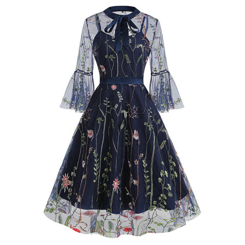 Vintage Mesh Embroidery Stitching Dress