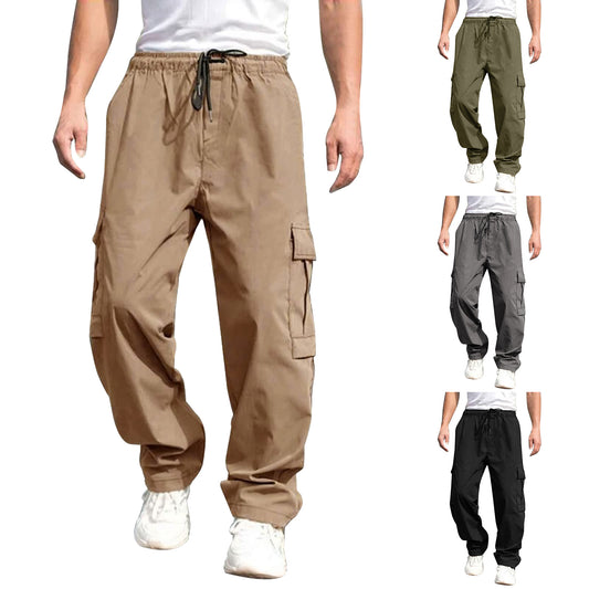 Casual Cargo Pants For Men Loose Straight Drawstring Waist Trousers With Pockets