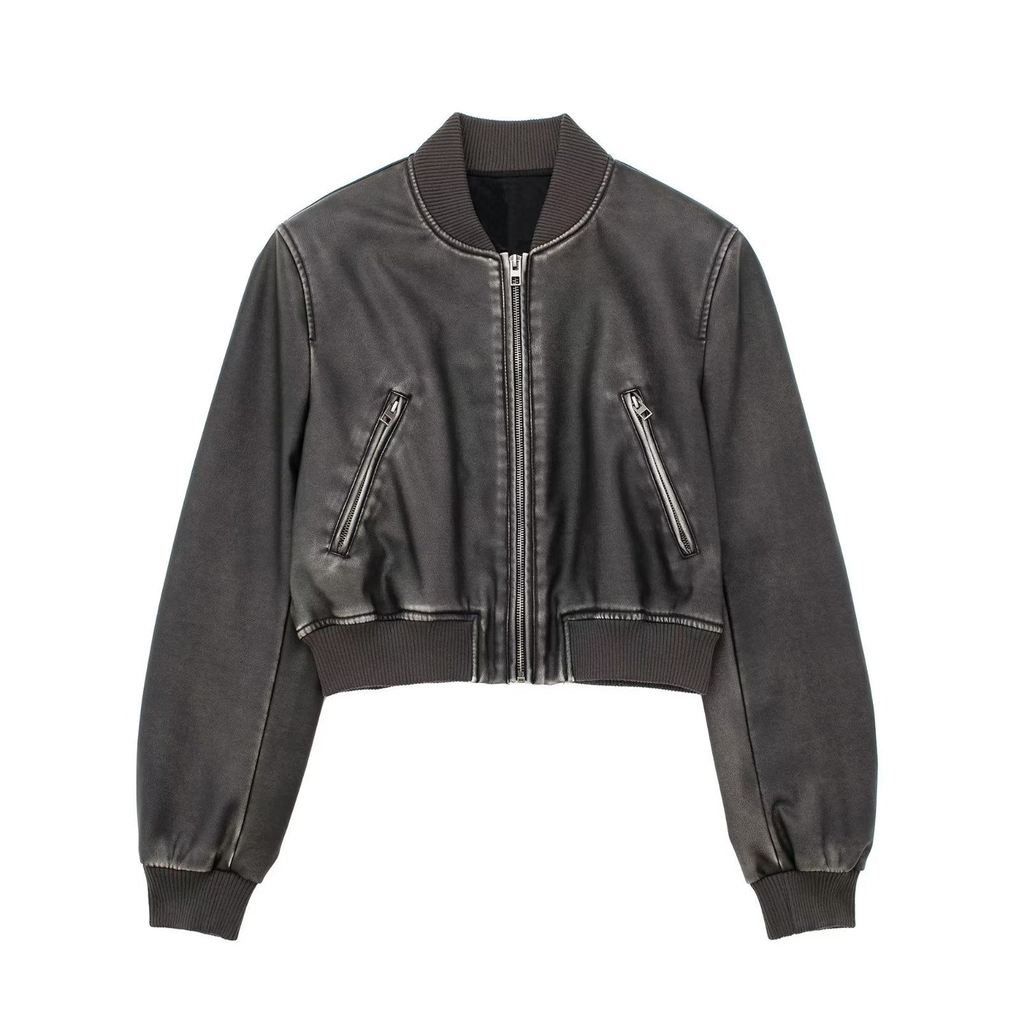 Women Fashion Long Sleeve Zipper Leather Bomber Jacket Outwear