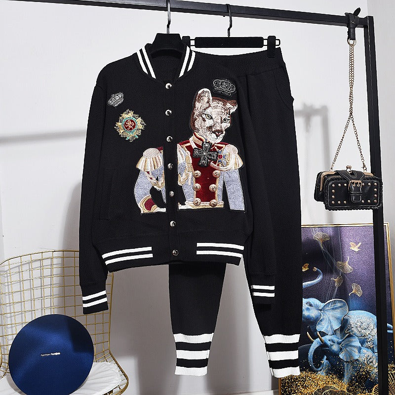 European Station Red Sweater Coat Set Pants Women's Embroidery Fashion Reduce Age Show Slim and Fashionable Two Piece Set