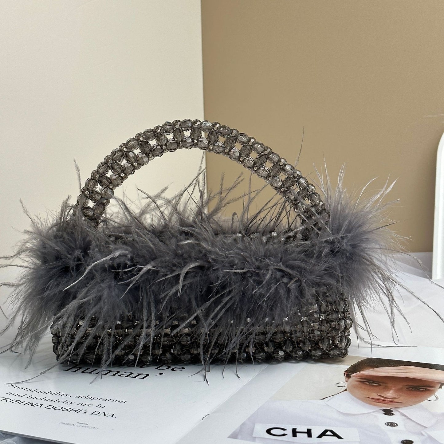 With Ostrich Hair Pearls Beaded Bag Clear Acrylic Crystal Stone Box Handbag Women's Handmade Party Purse