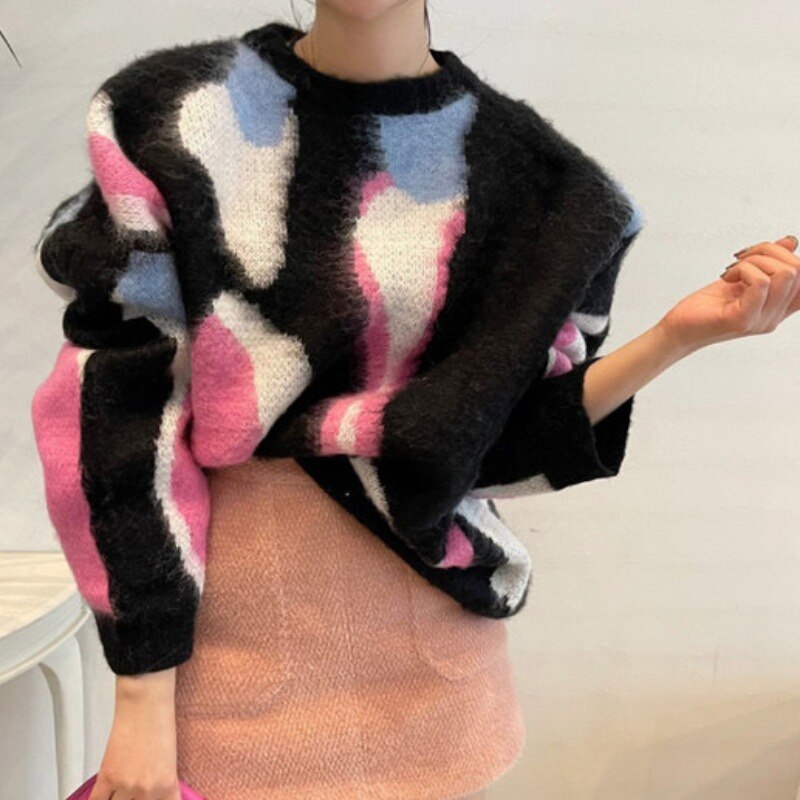 Sueter Mujer Jumper Oversized Sweater Thick Winter Pullover Contrast Mohai Y2k Clothes Print Knitting Black Sweaters Coat Tops