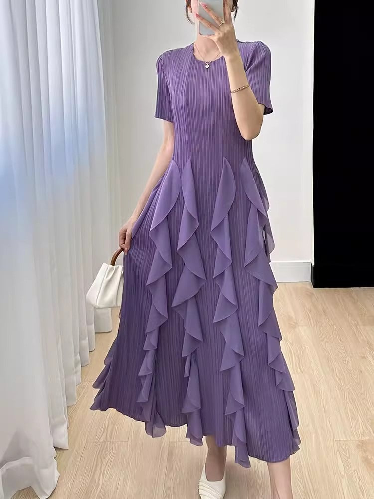 Elegant Dress for Women  New Indie Design High-End Temperament Round Neck Short Sleeve Pleated Dresses Women