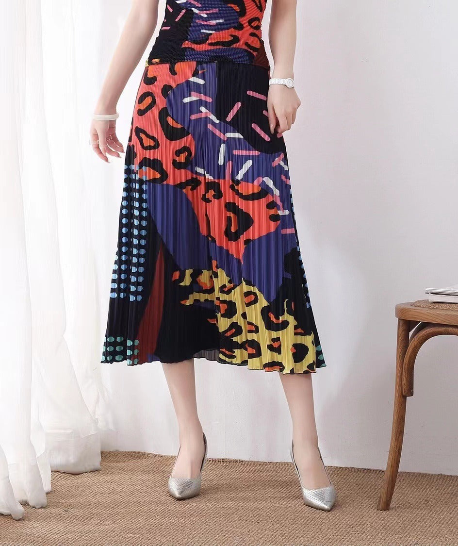 Pleated Skirt Women Printed Large Size Large Swing Mid-Length Versatile Younger Fashion Elegant Skirt