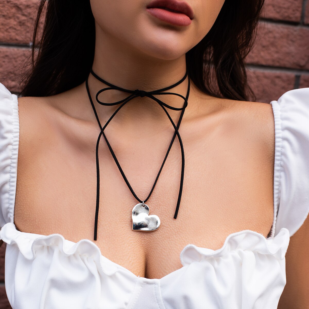 IngeSight.Z Exaggerated CCB Big Heart Pendant Necklace for Women Goth Black Velvet Knotted Bowknot Adjustable Choker Necklace