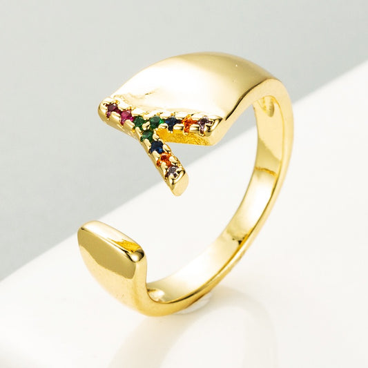 Rainbow Zircon Letter Rings for Women Gold Color Stainless Steel Initial Ring Adjustable Wedding Couple Rings Boho Jewelry Bague