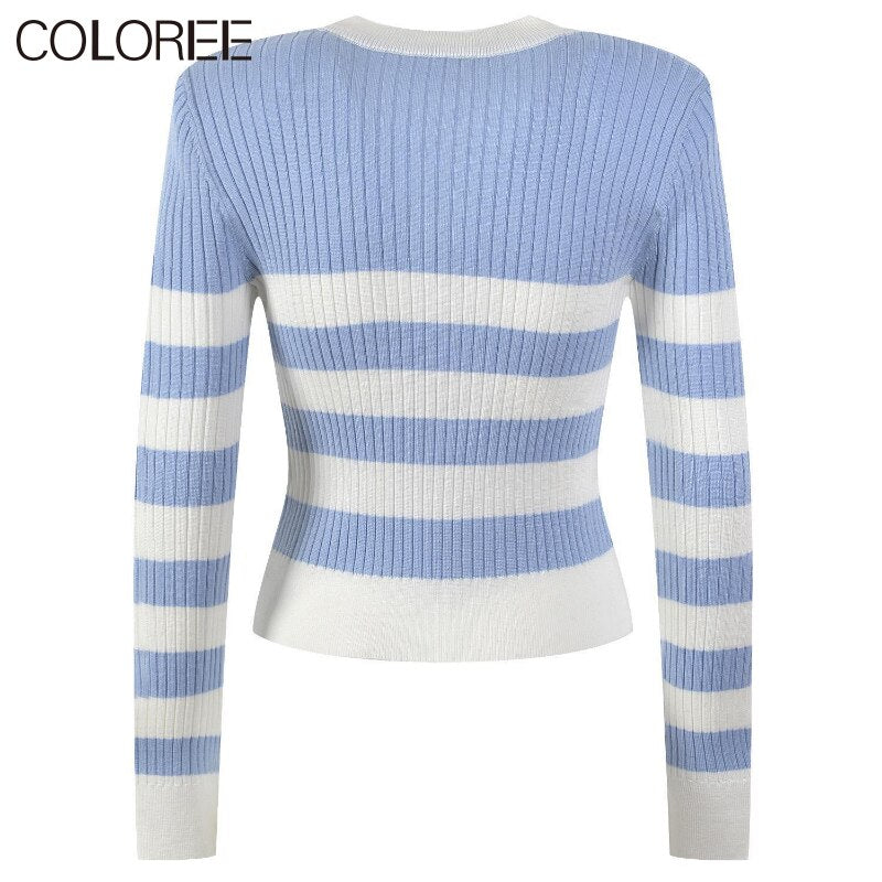 Korean Fashion White and Black Striped Sweater Women 2023 Elegant O-neck Knitted Cardigan Mujer Autumn Winter Clothes