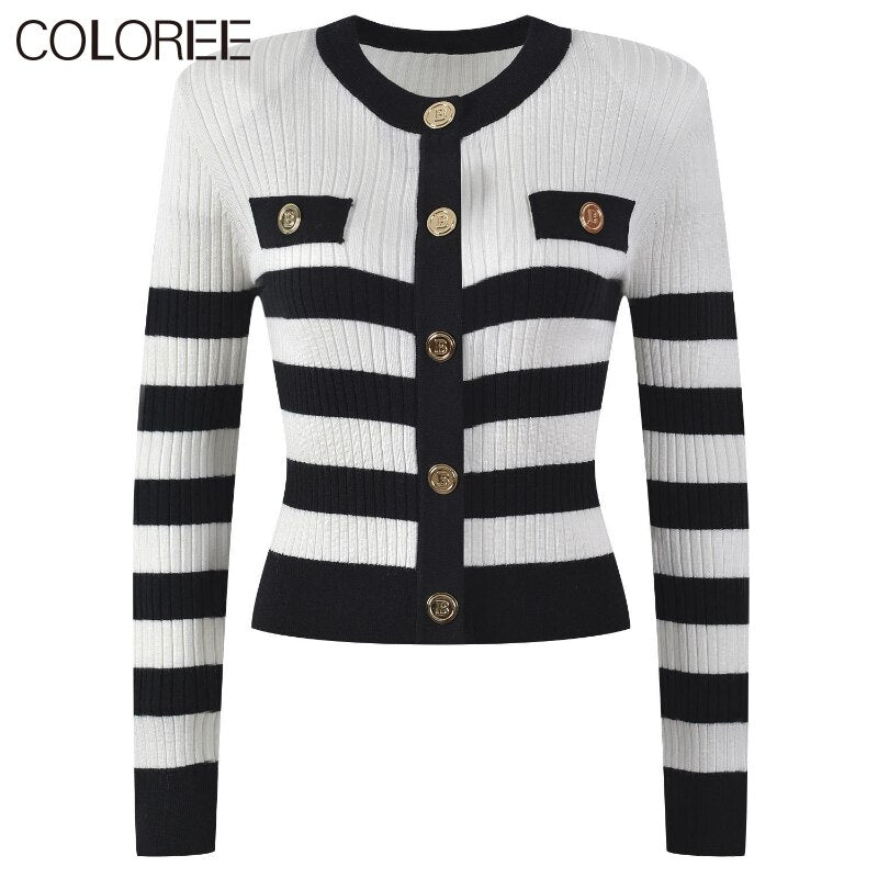 Korean Fashion White and Black Striped Sweater Women 2023 Elegant O-neck Knitted Cardigan Mujer Autumn Winter Clothes