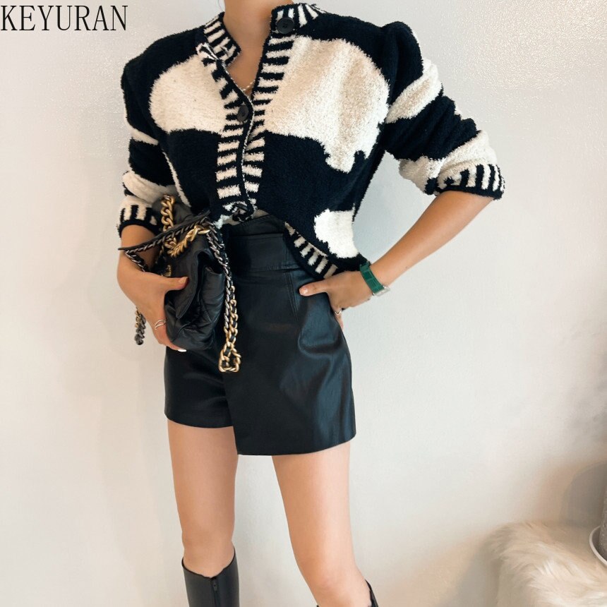 Autumn Winter Contrast Color Knitted Sweater Women Korean Chic O-Neck Single-breasted Button Thick Sweaters Cardigan Coat