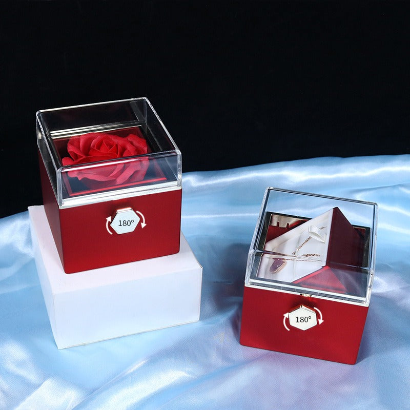 Rotating Rose Jewelry Packaging Box Eternal Flower Reversible Proposal White Ring Necklace Box+Stainless steel heart Necklace