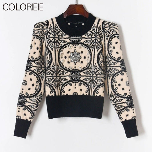 Vintage Jacquard Beading Sweaters for Women Fashion 2022 Autumn Winter Clothes Runway Designer Pull Femme Suéter De Navidad