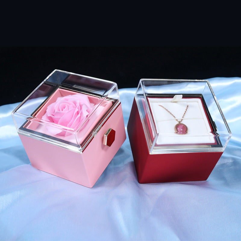 Rotating Rose Jewelry Packaging Box Eternal Flower Reversible Proposal White Ring Necklace Box+Stainless steel heart Necklace