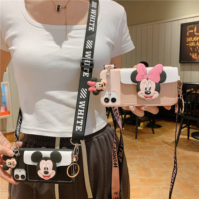 Suitable for Apple 14 Messenger mobile phone case iphone13 Mickey and Minnie card coin purse cartoon