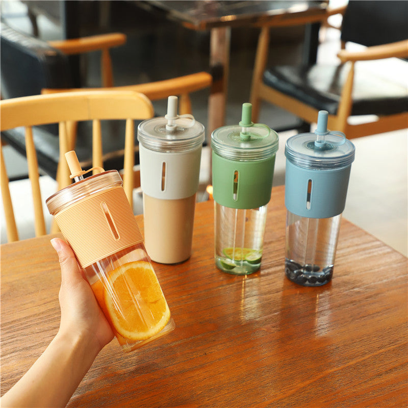 Layer Transparent Straw Cup 700Ml Large Capacity Silicone Cover Juice Cup Fashionable And Simple Straw Cup