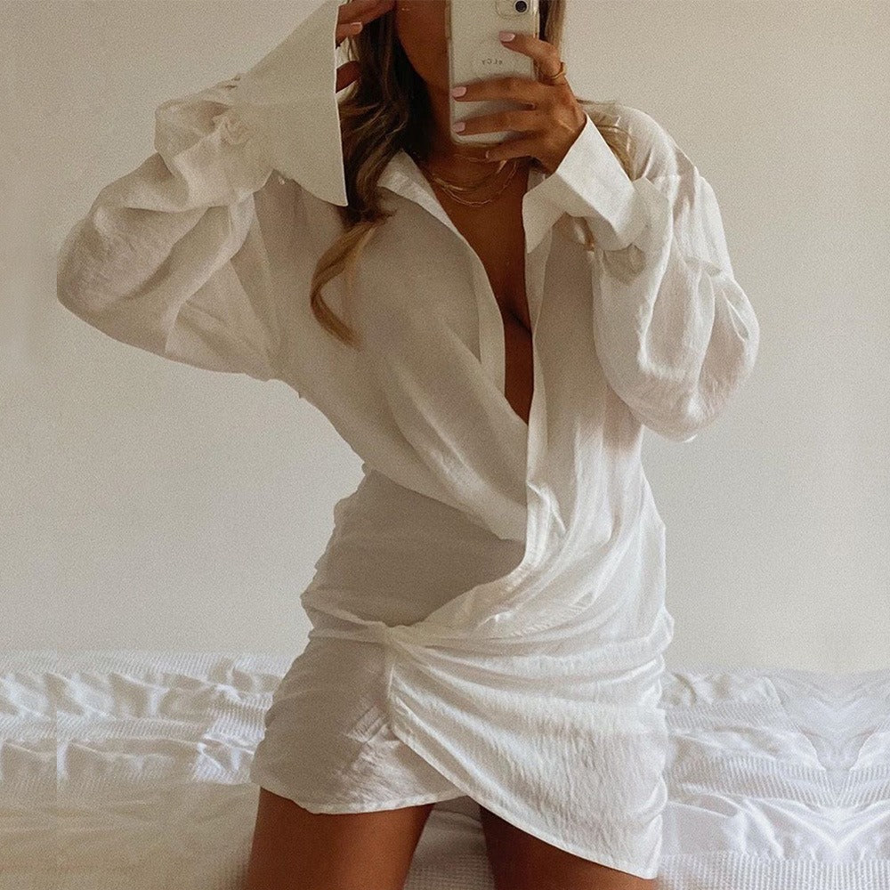 Long sleeved white shirt sexy deep V linen dress