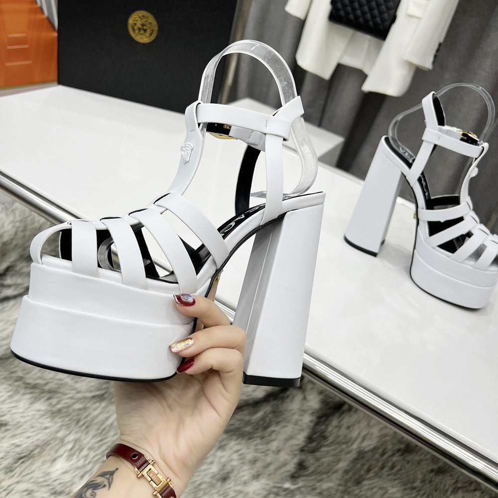 T-belt Buckle Super High Heel Sandals Platform Hollowed out Chunky heel Rome Sandals