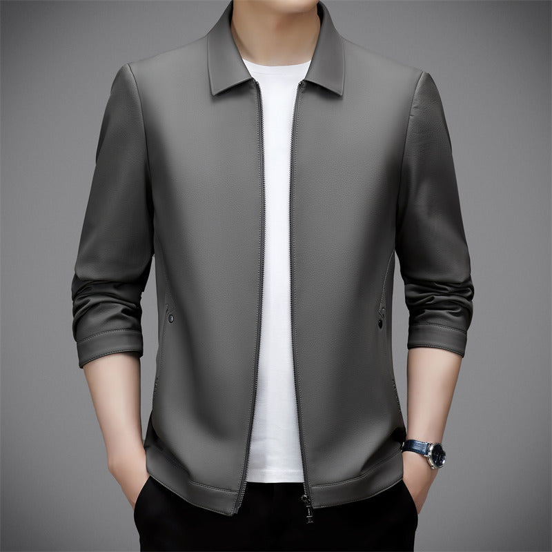 Lapel Solid Color Basic Versatile PU Leather Coat