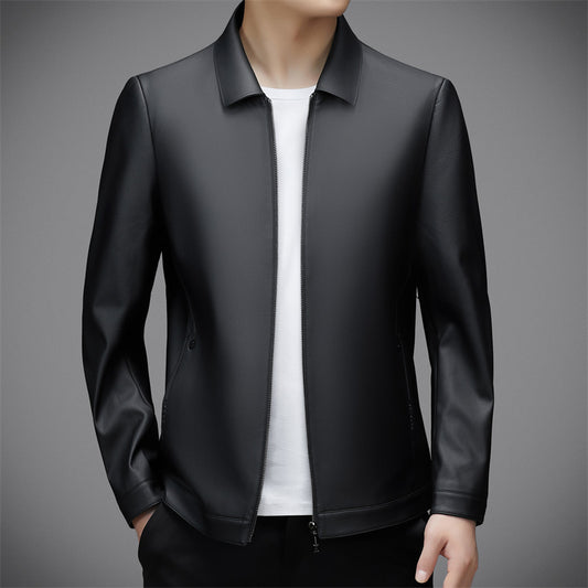 Lapel Solid Color Basic Versatile PU Leather Coat