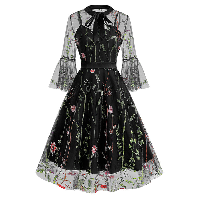 Vintage Mesh Embroidery Stitching Dress